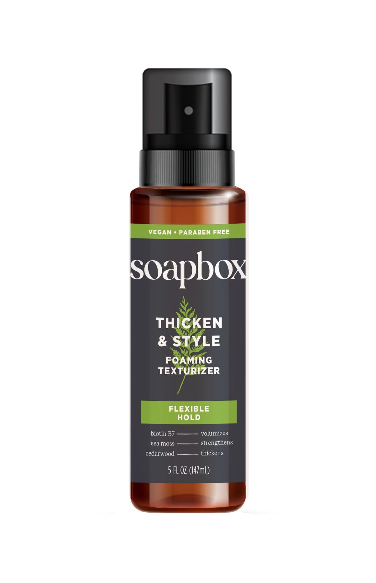 Soapbox Men's Thicken & Style foam bottle demonstrates fuller-looking hair