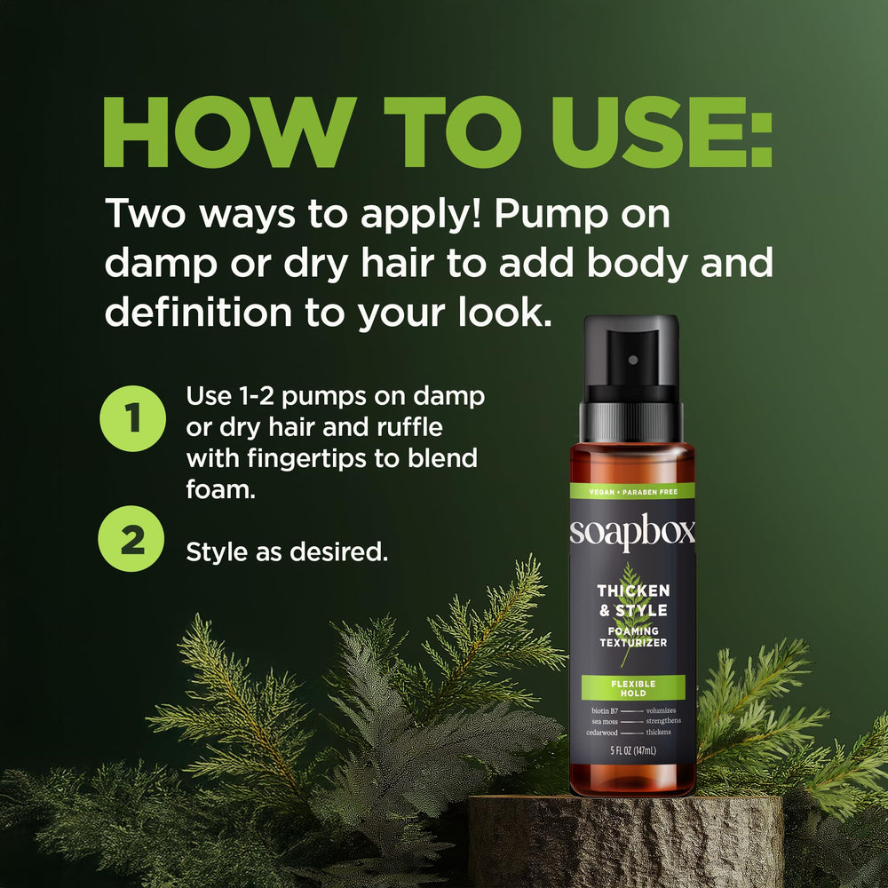 Soapbox Men's Thicken & Style foam color-safe formula for all hair types