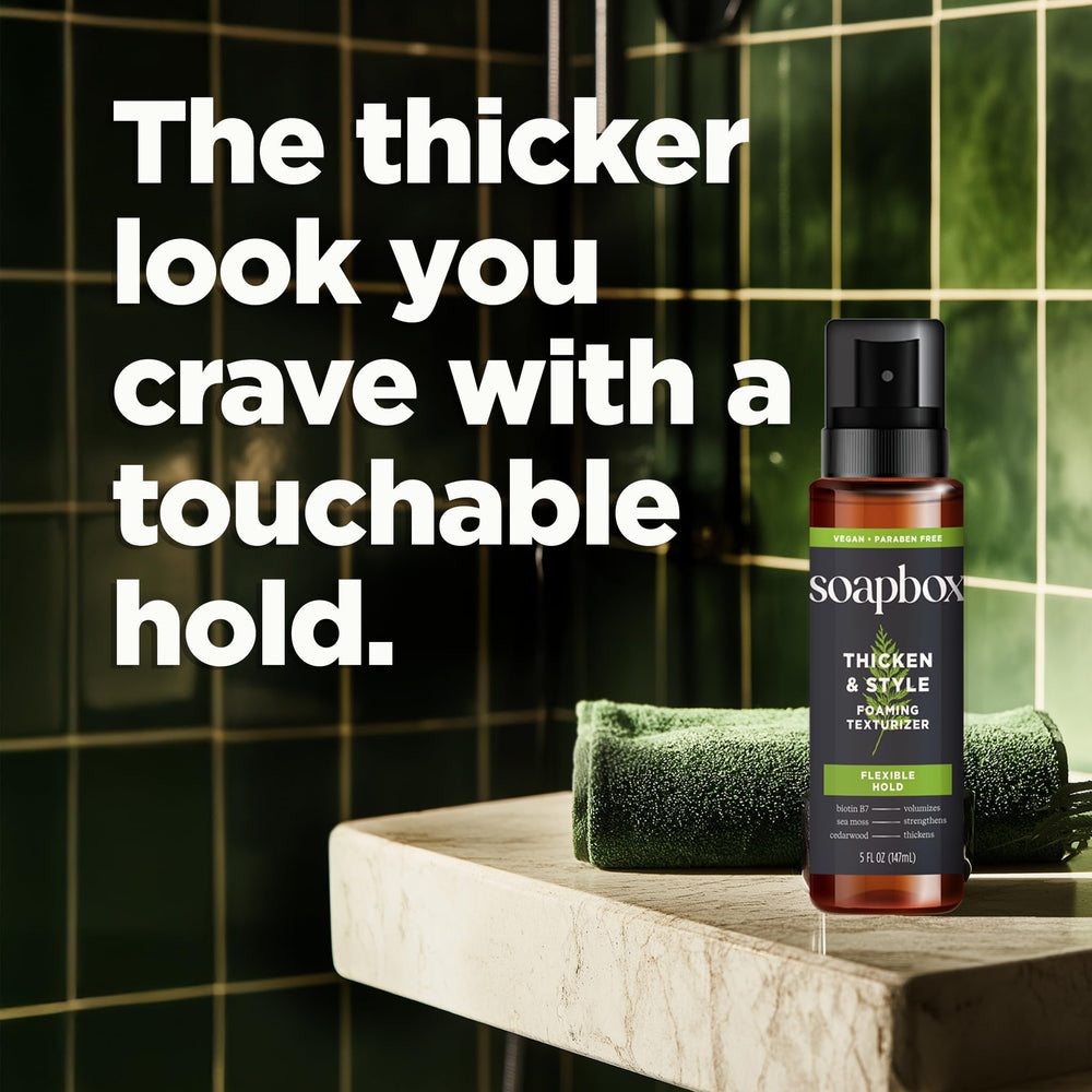 Soapbox Men's Thicken & Style foam bottle with deep wood scent