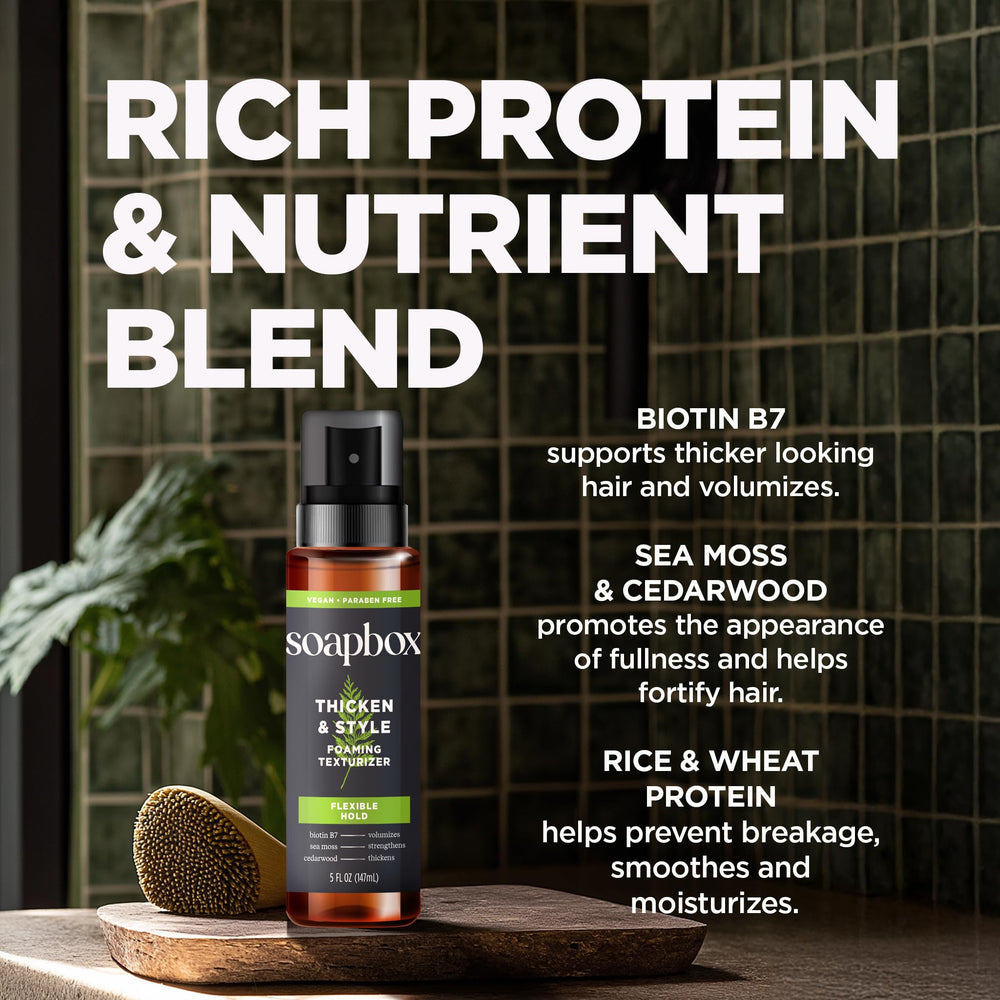 Soapbox Men's Thicken & Style foam on hair for defined texture