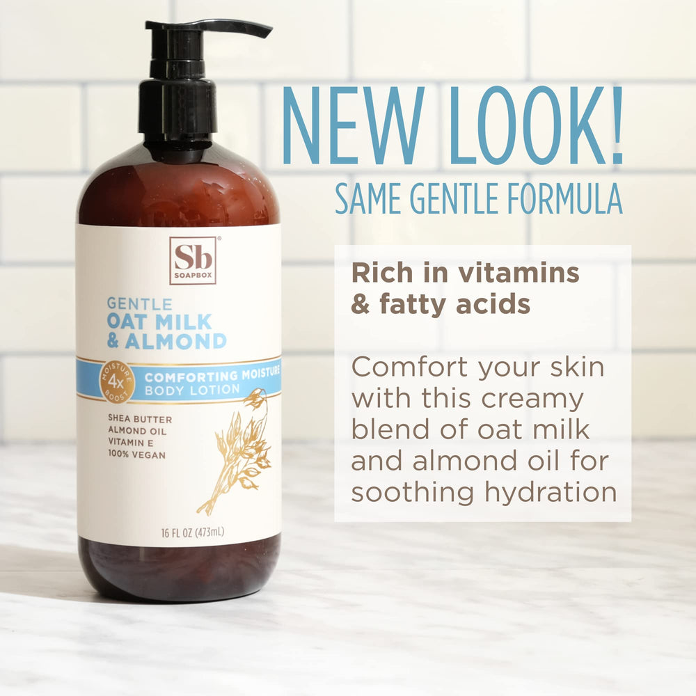 Soapbox Oat Milk & Chai Lotion 3-pack display in bathroom