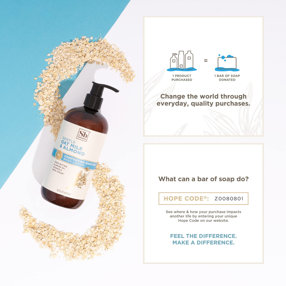 Soapbox Oat Milk & Chai Lotion on bathroom vanity for daily use