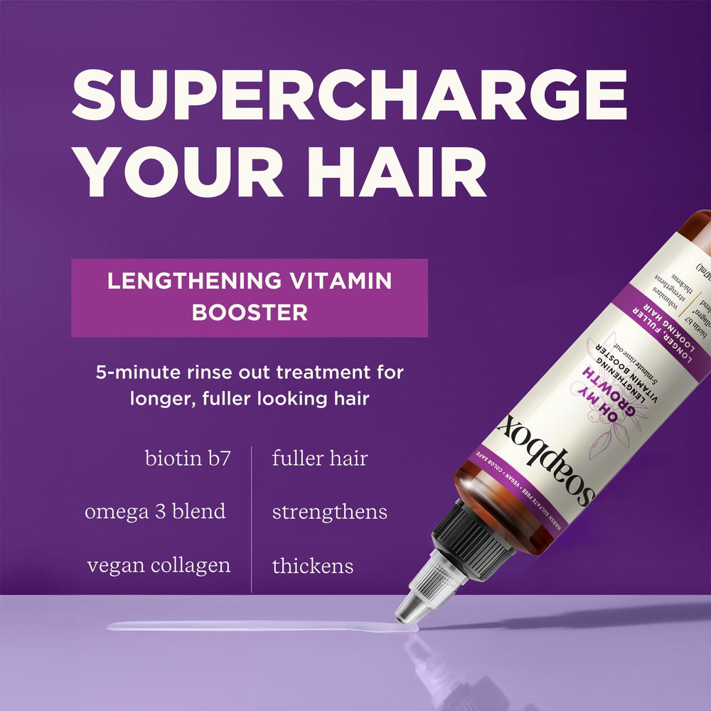 Soapbox Oh My Growth biotin boost highlights hair thickening potential with vitamin-powered care
