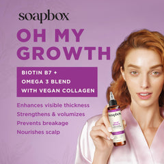 Soapbox Oh My Growth vegan collagen image conveys strengthened strands from root to tip