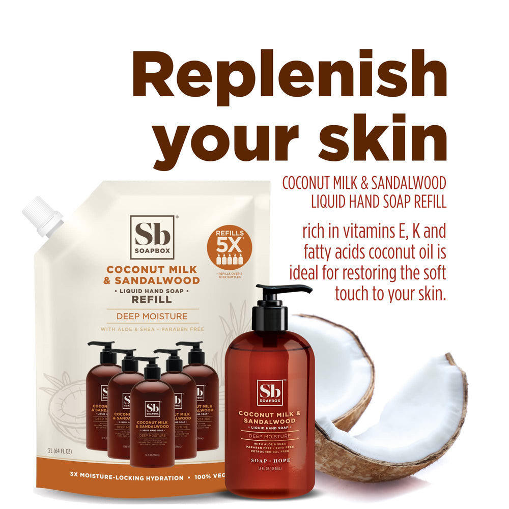 Soapbox Coconut Milk & Sandalwood scent emphasizes spa-like aromatics in handwash