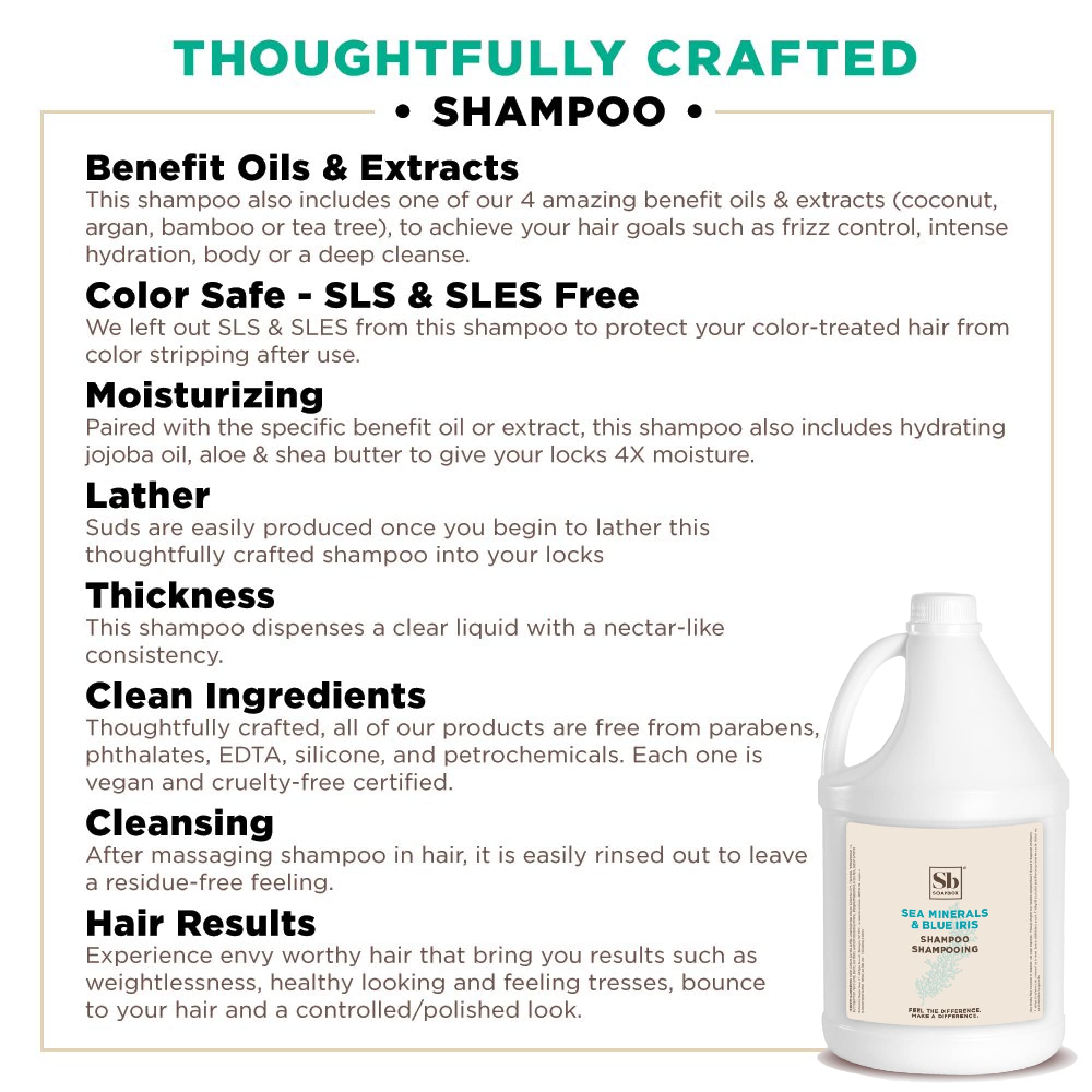 Soapbox Sea Minerals Blue Iris shampoo gallon being poured for convenient hospitality refills