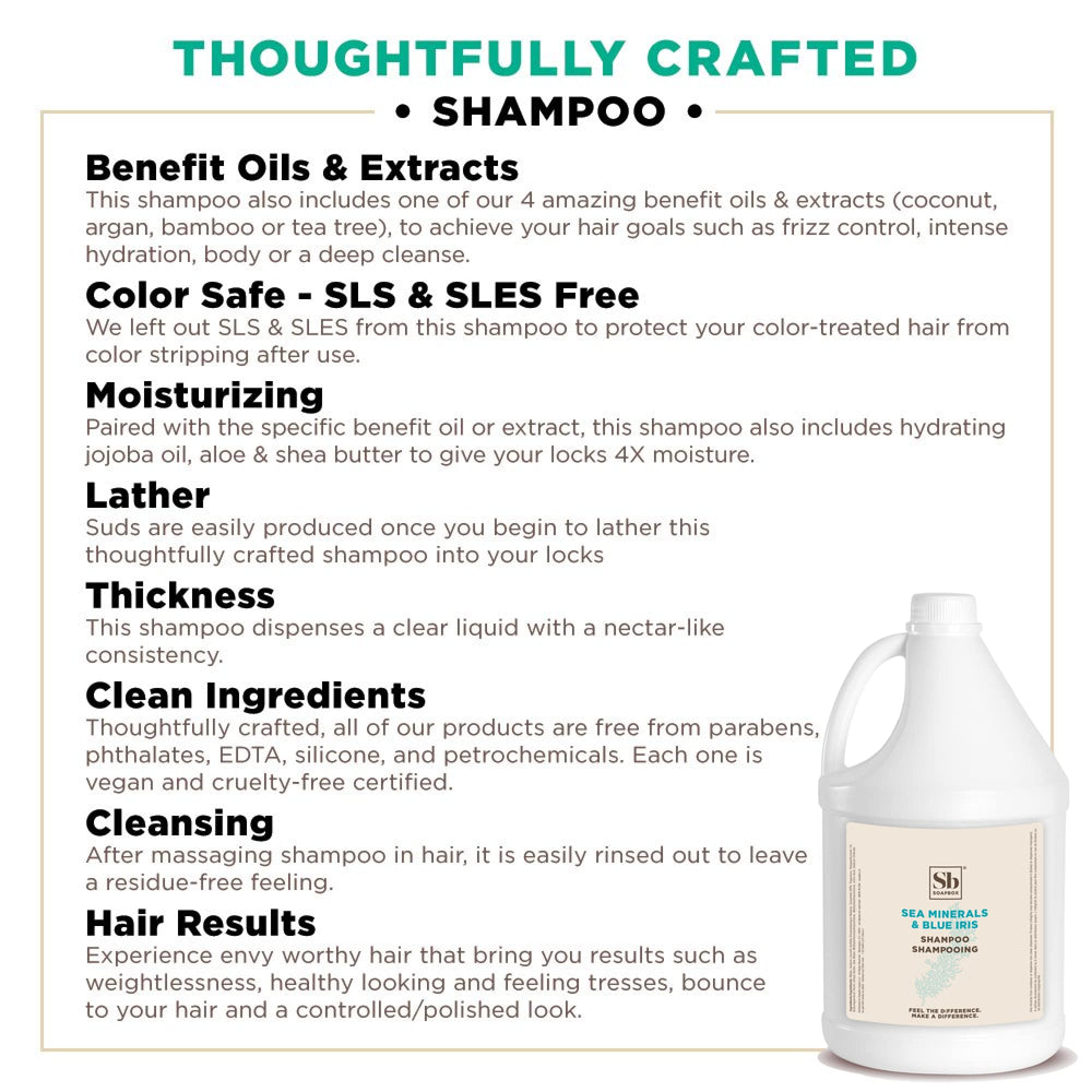 Soapbox Sea Minerals Blue Iris shampoo gallon being poured for convenient hospitality refills
