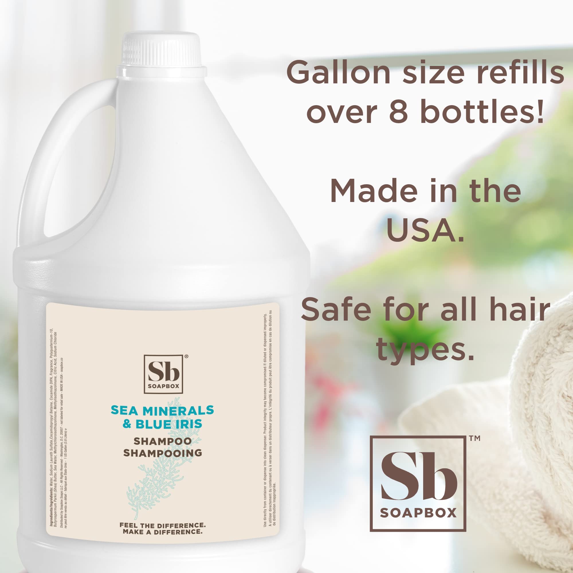 Soapbox Sea Minerals Blue Iris shampoo gallon for bulk refills in homes or businesses