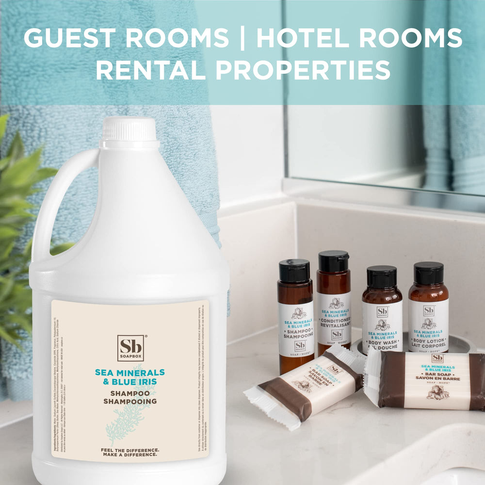 Soapbox Sea Minerals Blue Iris shampoo on vanity display for premium guest-ready bathroom