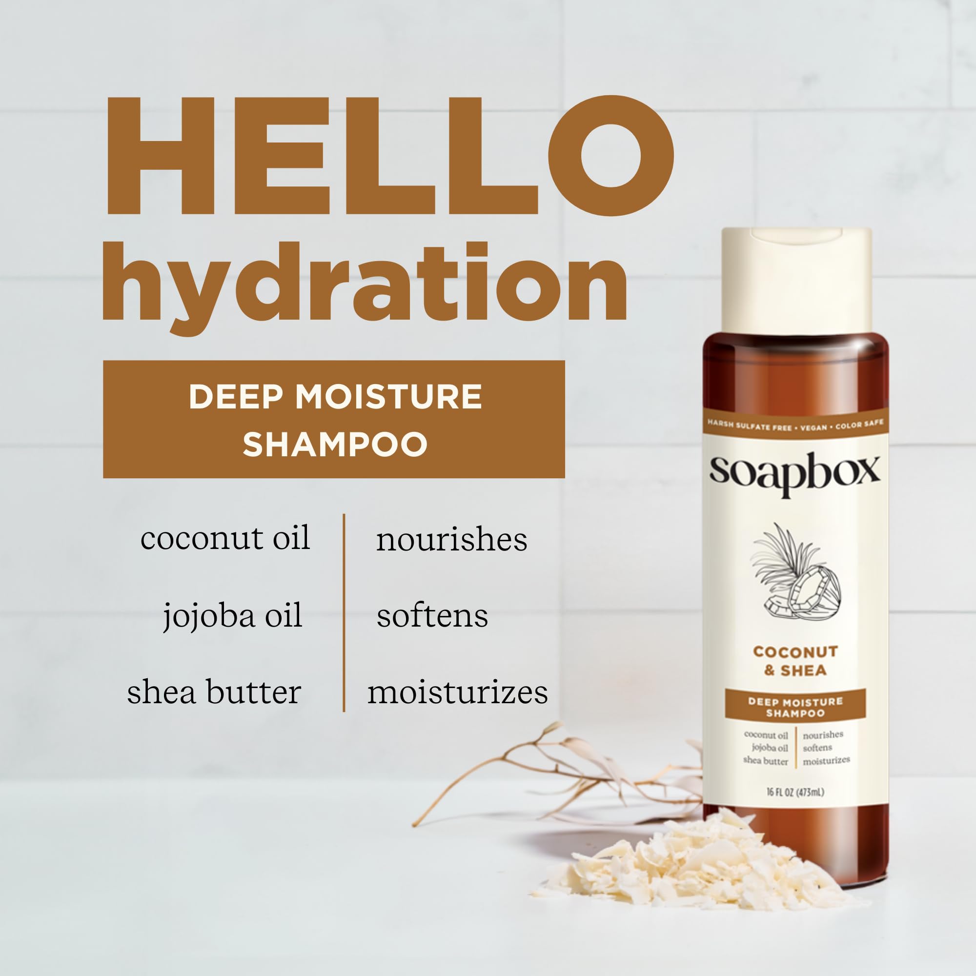 Soapbox shampoo and conditioner set packaging shows 16 oz each for all hair types.