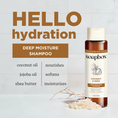 Soapbox shampoo and conditioner set packaging shows 16 oz each for all hair types.