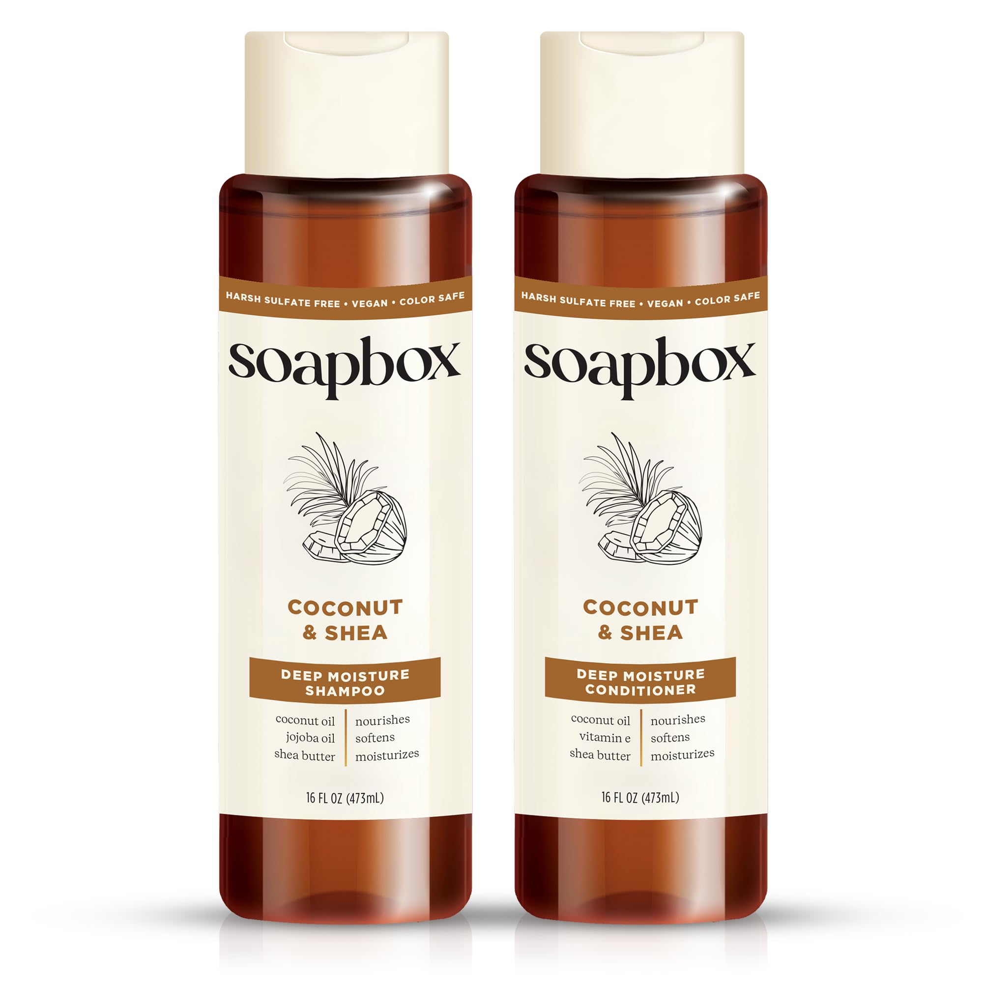 Soapbox shampoo bottle with coconut oil for hydrating cleansing and shine.