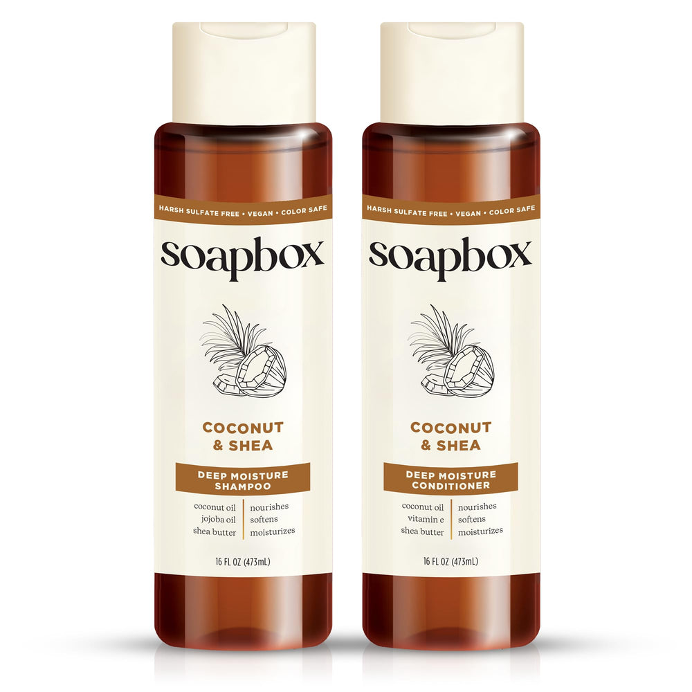 Soapbox shampoo bottle with coconut oil for hydrating cleansing and shine.