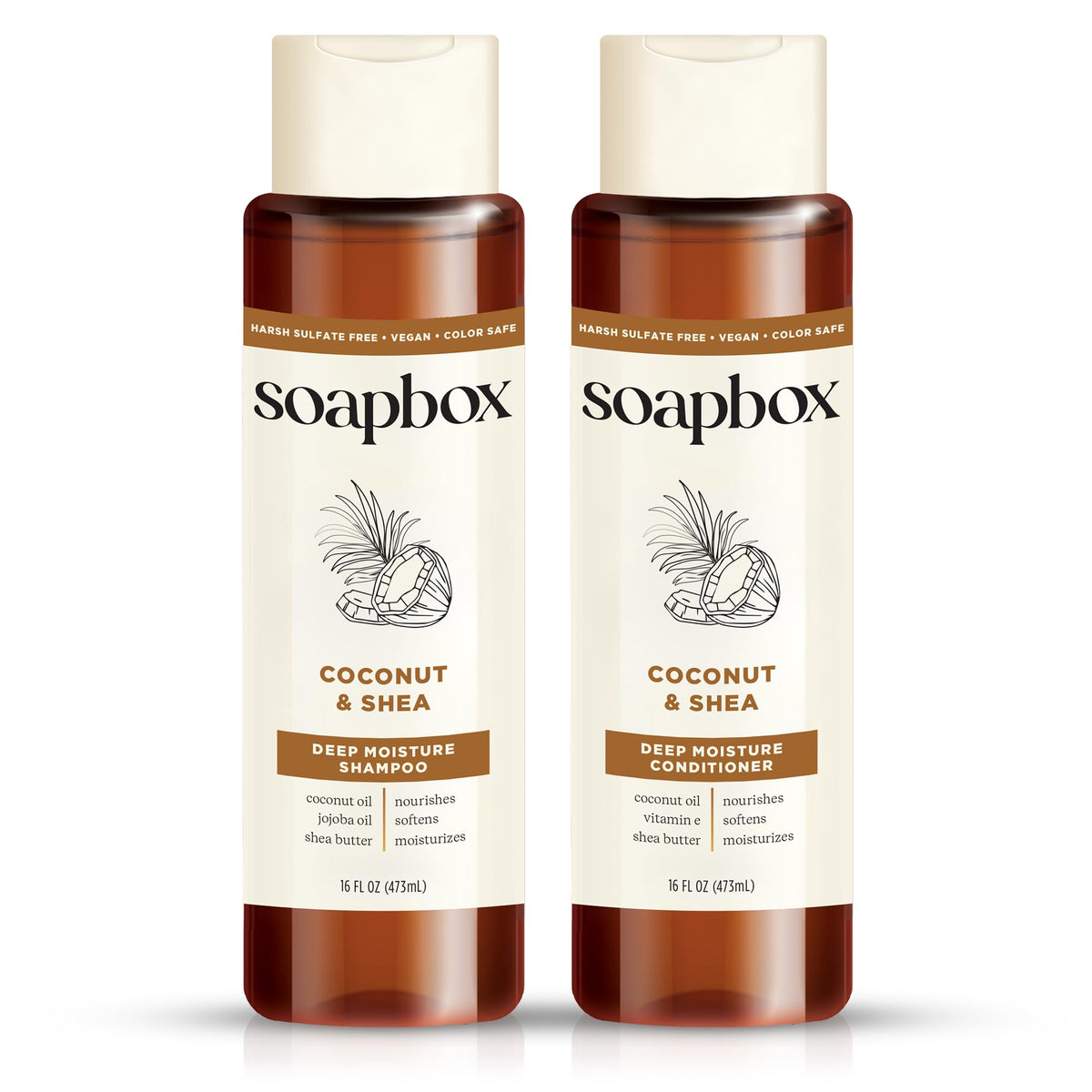 Soapbox shampoo bottle with coconut oil for hydrating cleansing and shine.