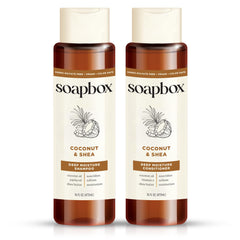 Soapbox shampoo bottle with coconut oil for hydrating cleansing and shine.