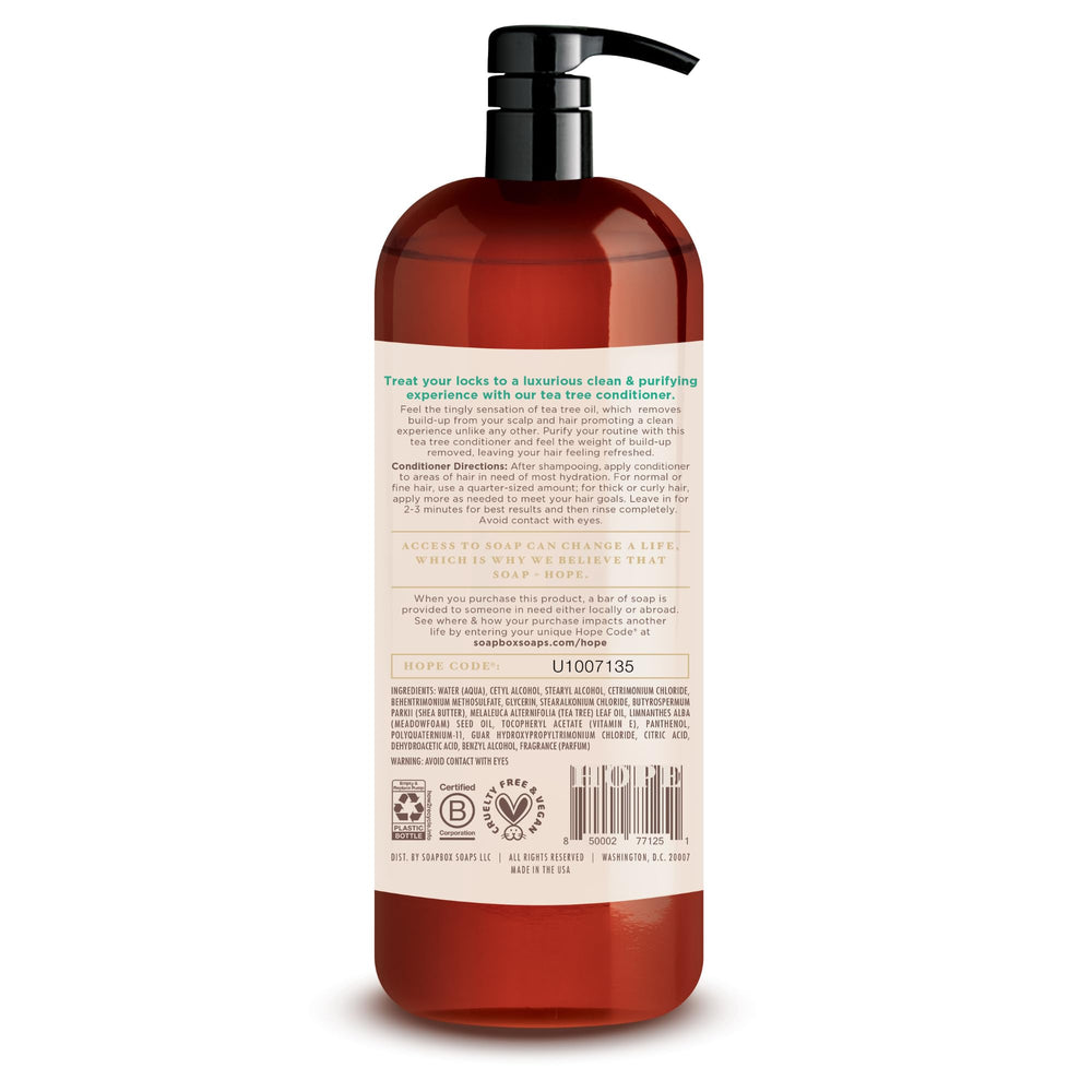 Soapbox Tea Tree Conditioner bottle highlights moisture for smooth, manageable hair