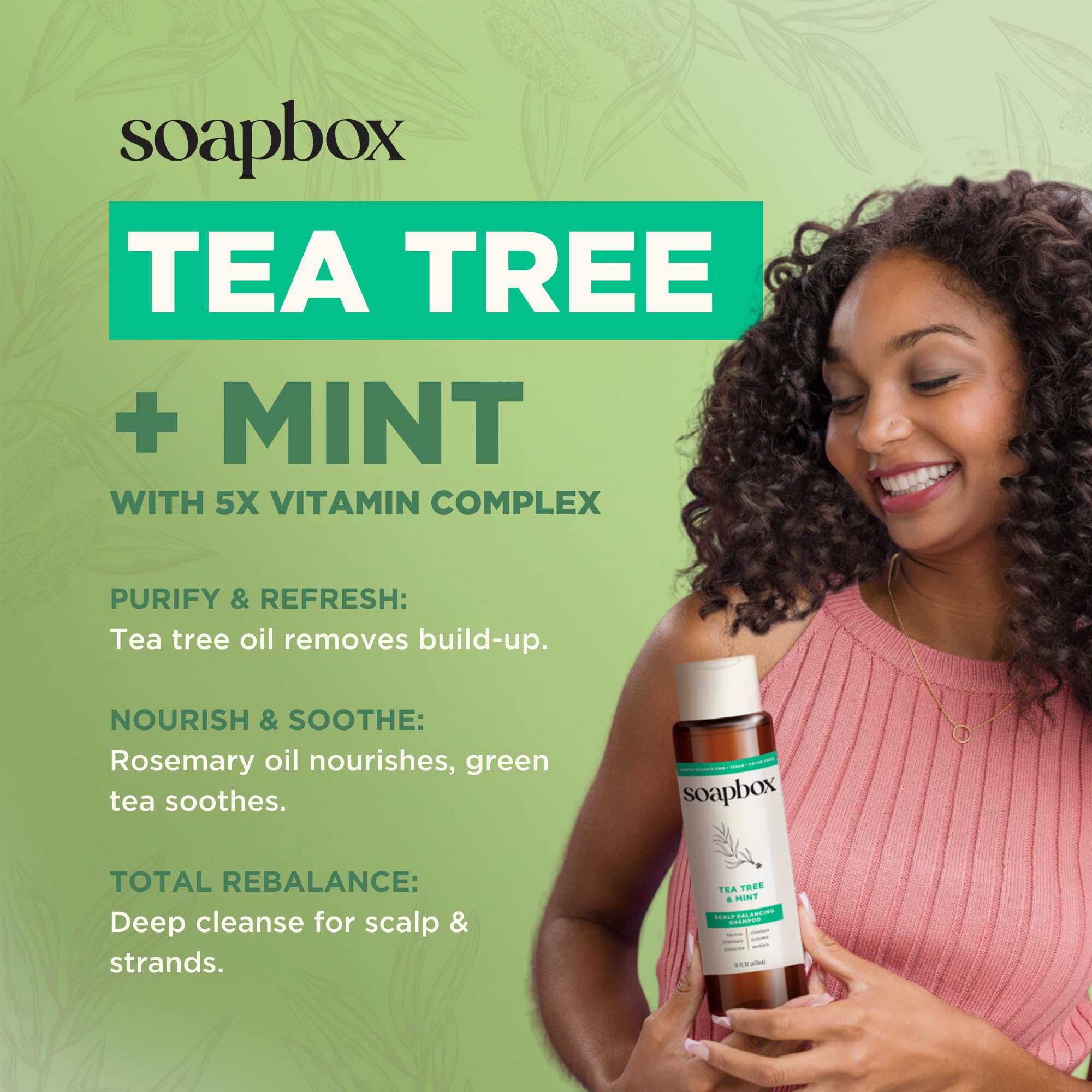 Soapbox Tea Tree Shampoo ingredients tea tree jojoba aloe shea for natural scalp balance.