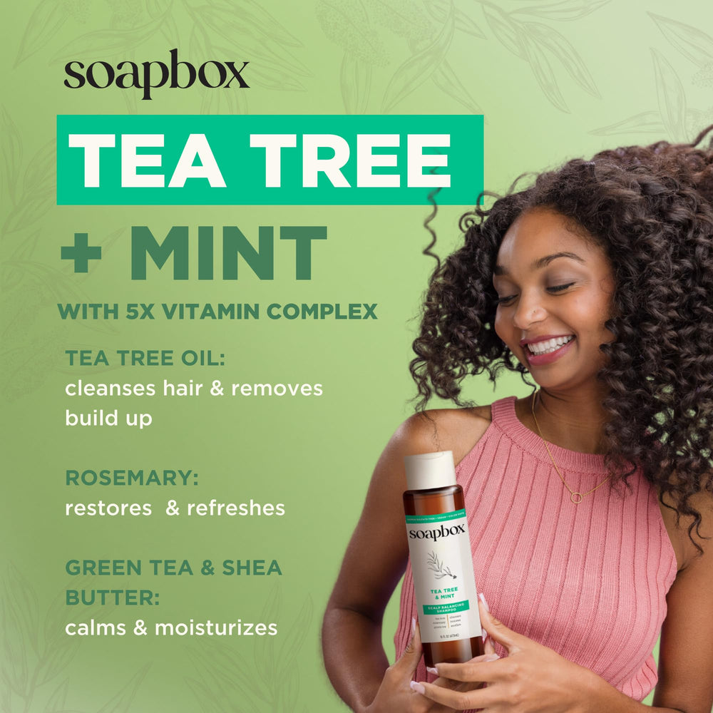 Soapbox Tea Tree Shampoo aroma steam evokes fresh, cooling shower sensation