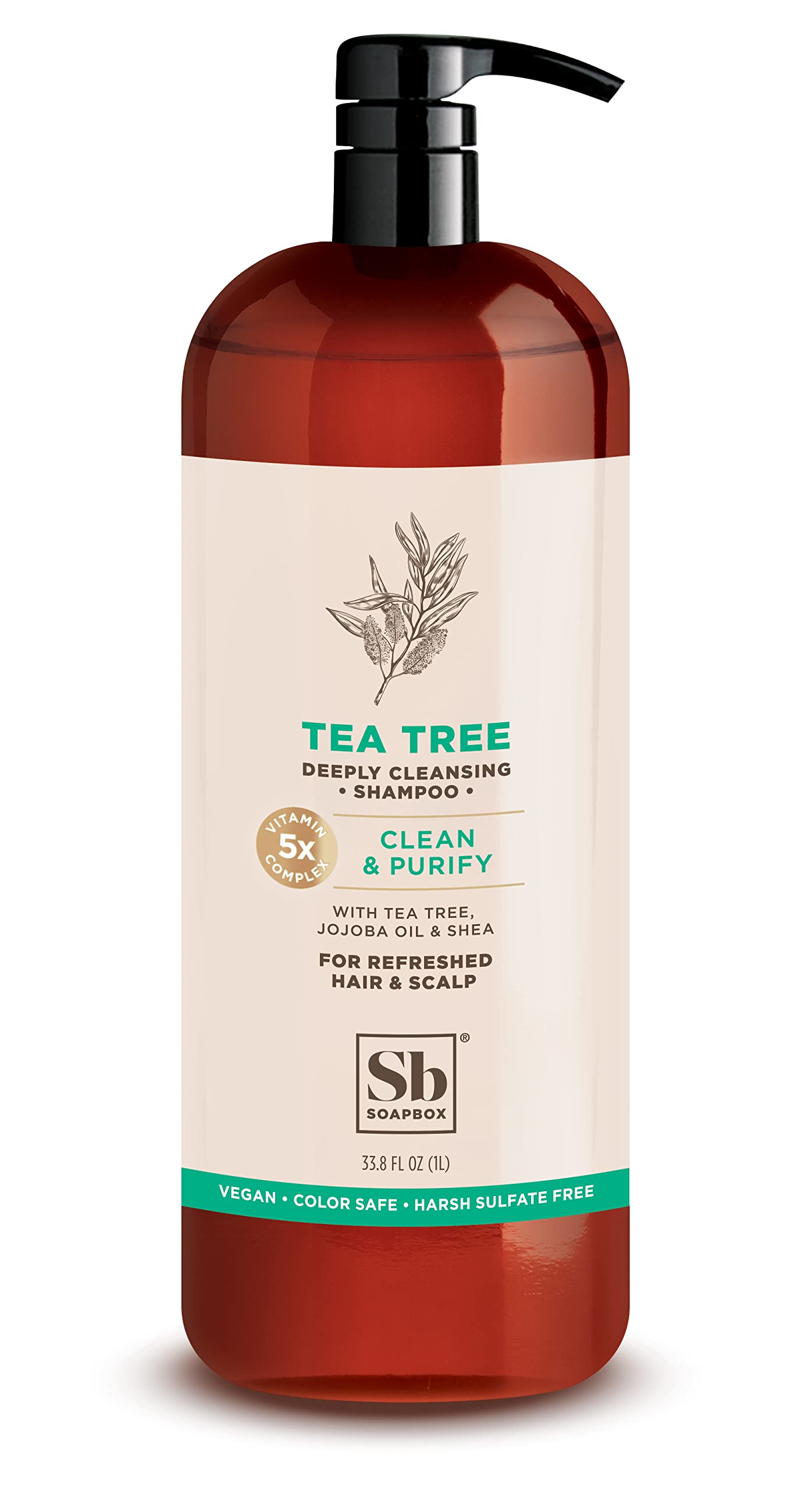 Soapbox Tea Tree Shampoo bottle front shows color-safe vegan formula for refreshing cleanse