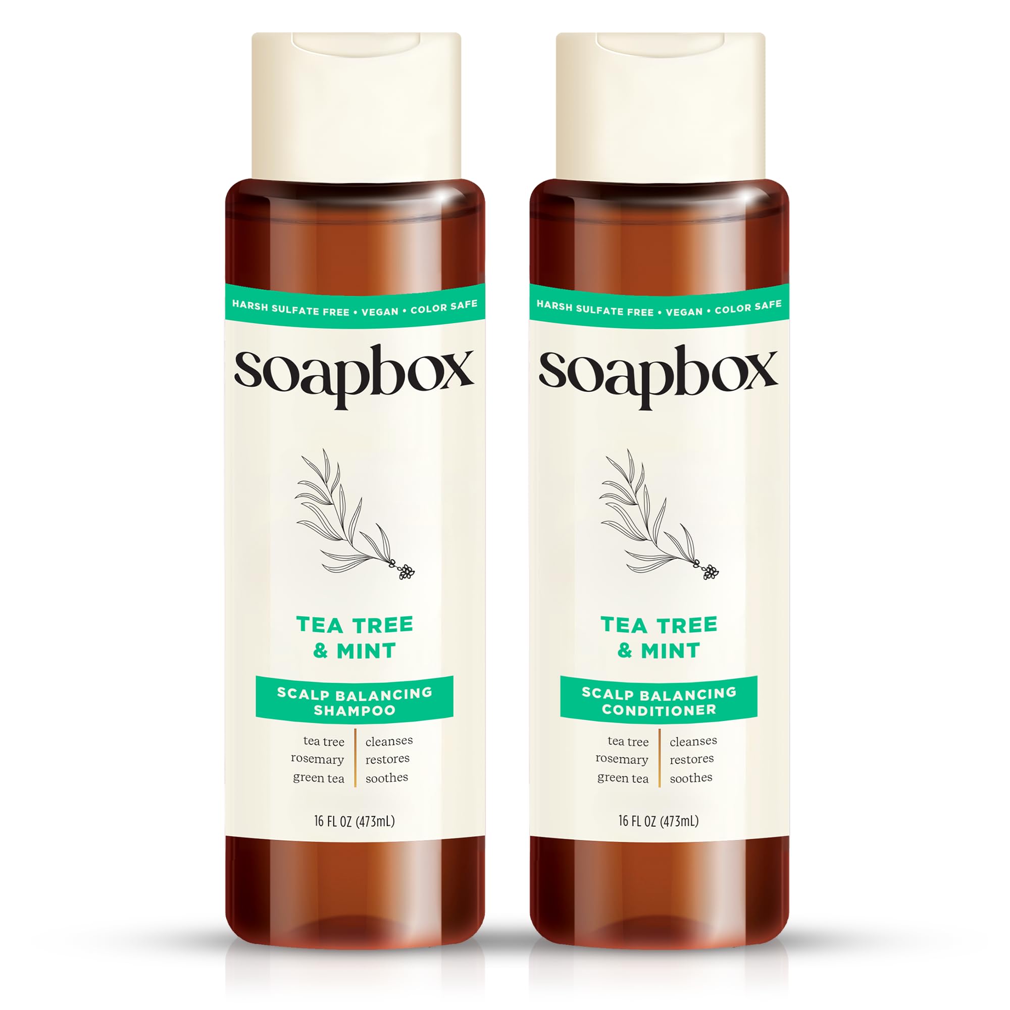 Soapbox Tea Tree Shampoo bottle pour refreshing scalp care.