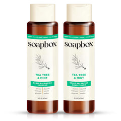 Soapbox Tea Tree Shampoo bottle pour refreshing scalp care.