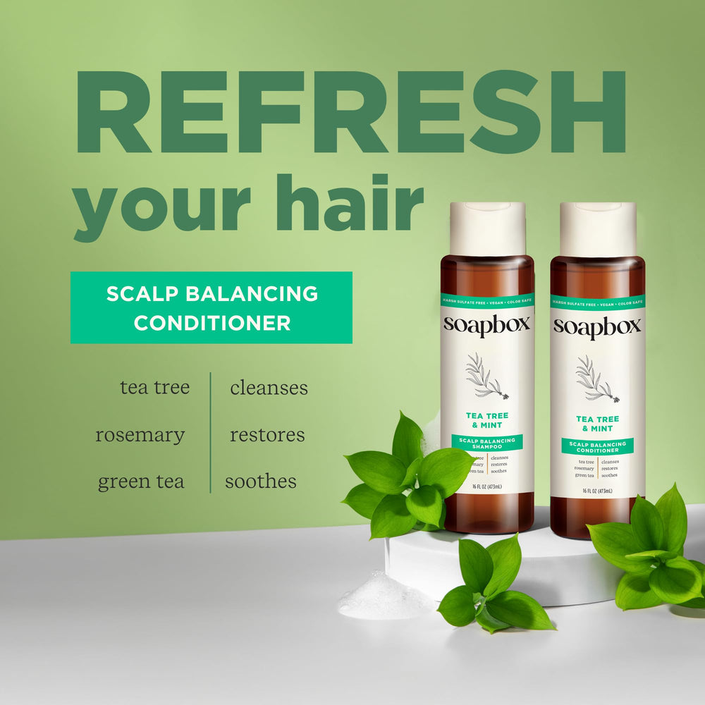 Soapbox Tea Tree Shampoo pour highlights rich lather for gentle cleansing