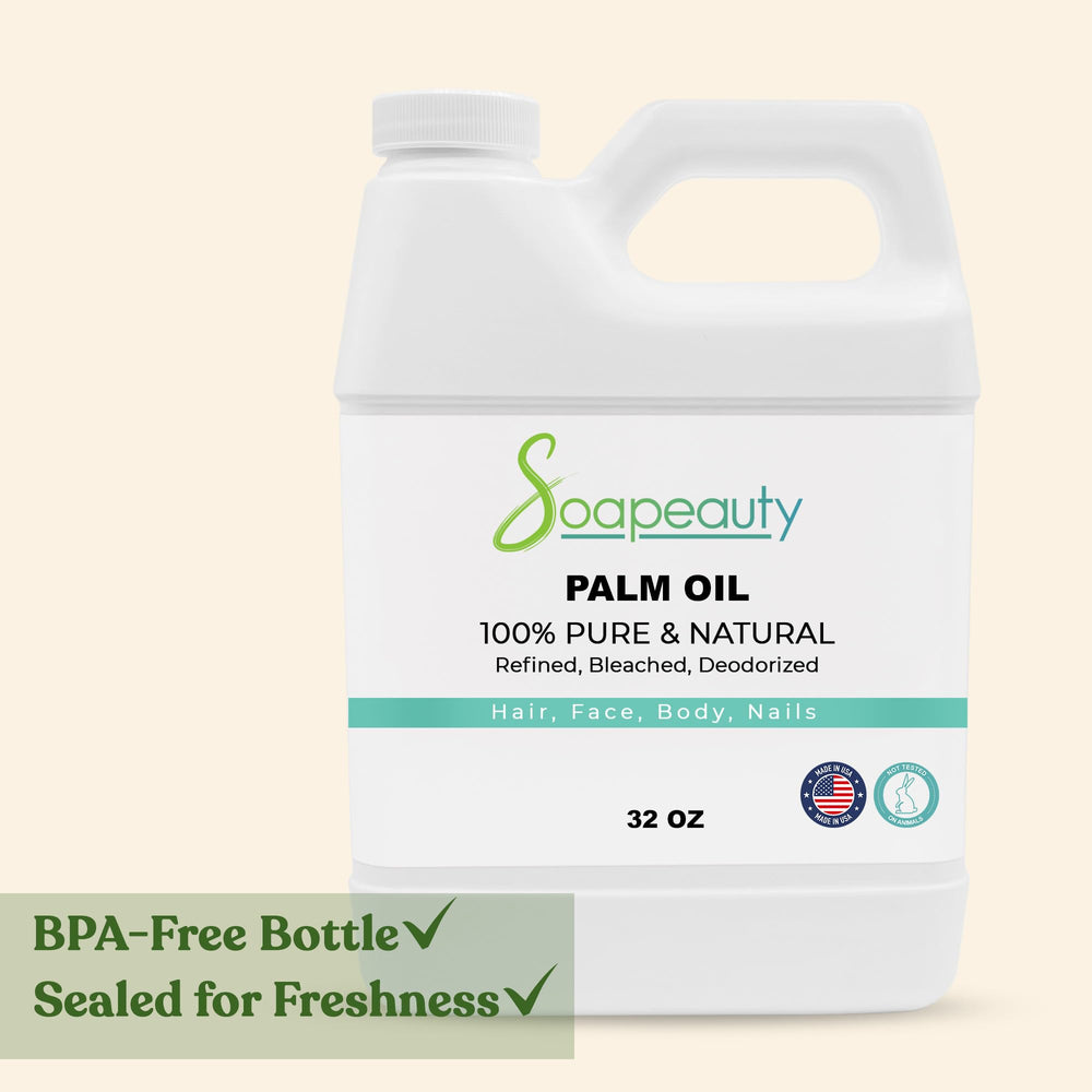 Soapeauty palm oil packaging illustrates 32 oz size for bulk DIY projects.