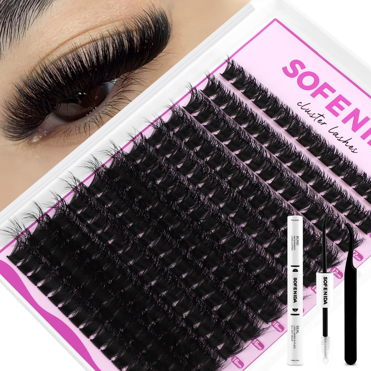 SOFENIDA lash clusters kit dense 100D for dramatic volume in 10-18mm lengths.