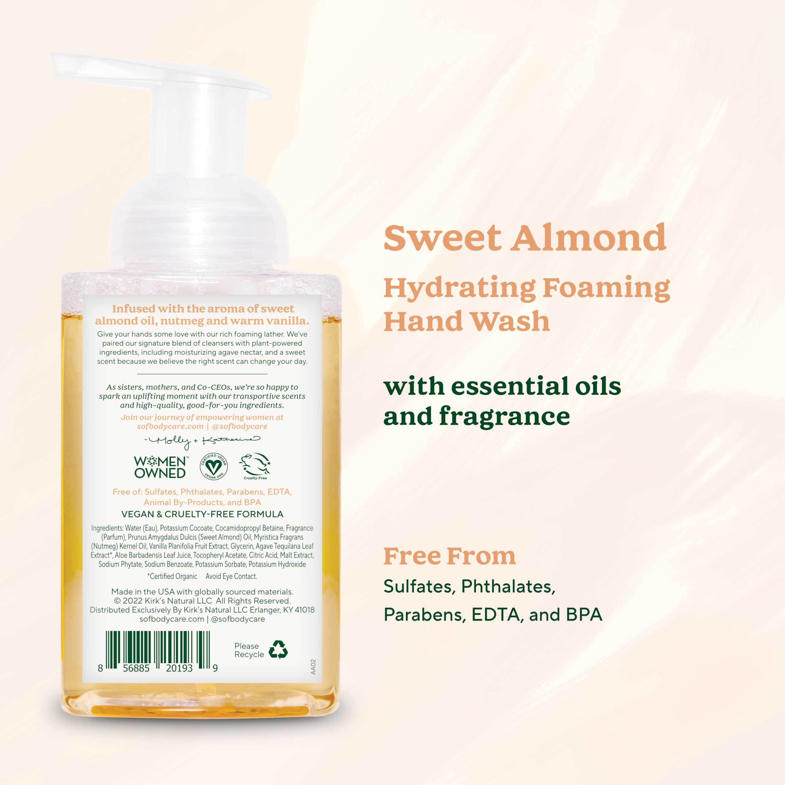 SoF Hydrating Hand Wash ingredients visuals showing organic agave nectar and coconut oil for moisture
