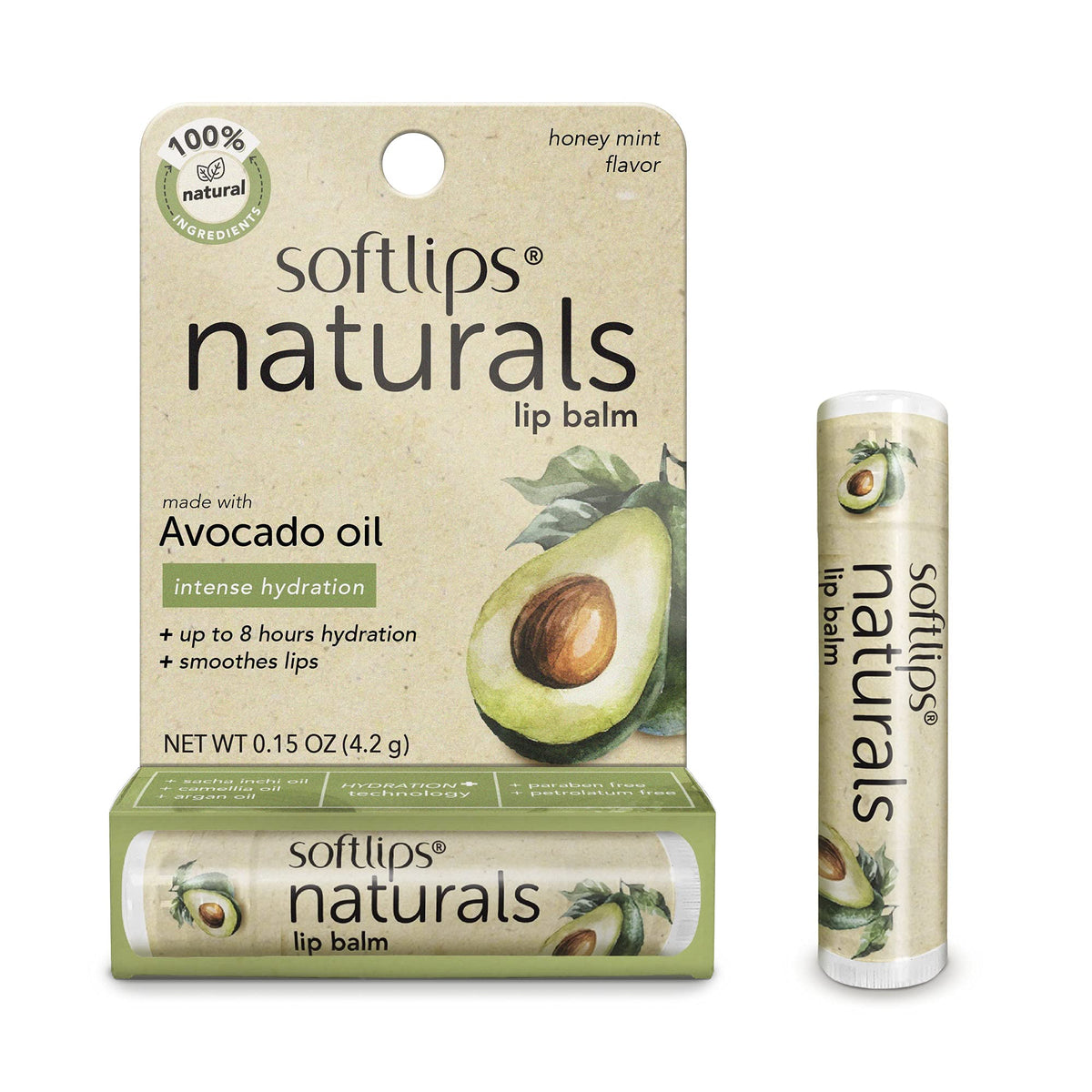 SoftLips Natural avocado balm tube for rich hydration and conditioning lips.