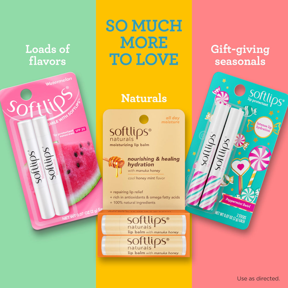 SoftLips two-tube pack laid out for daily lip hydration routine.