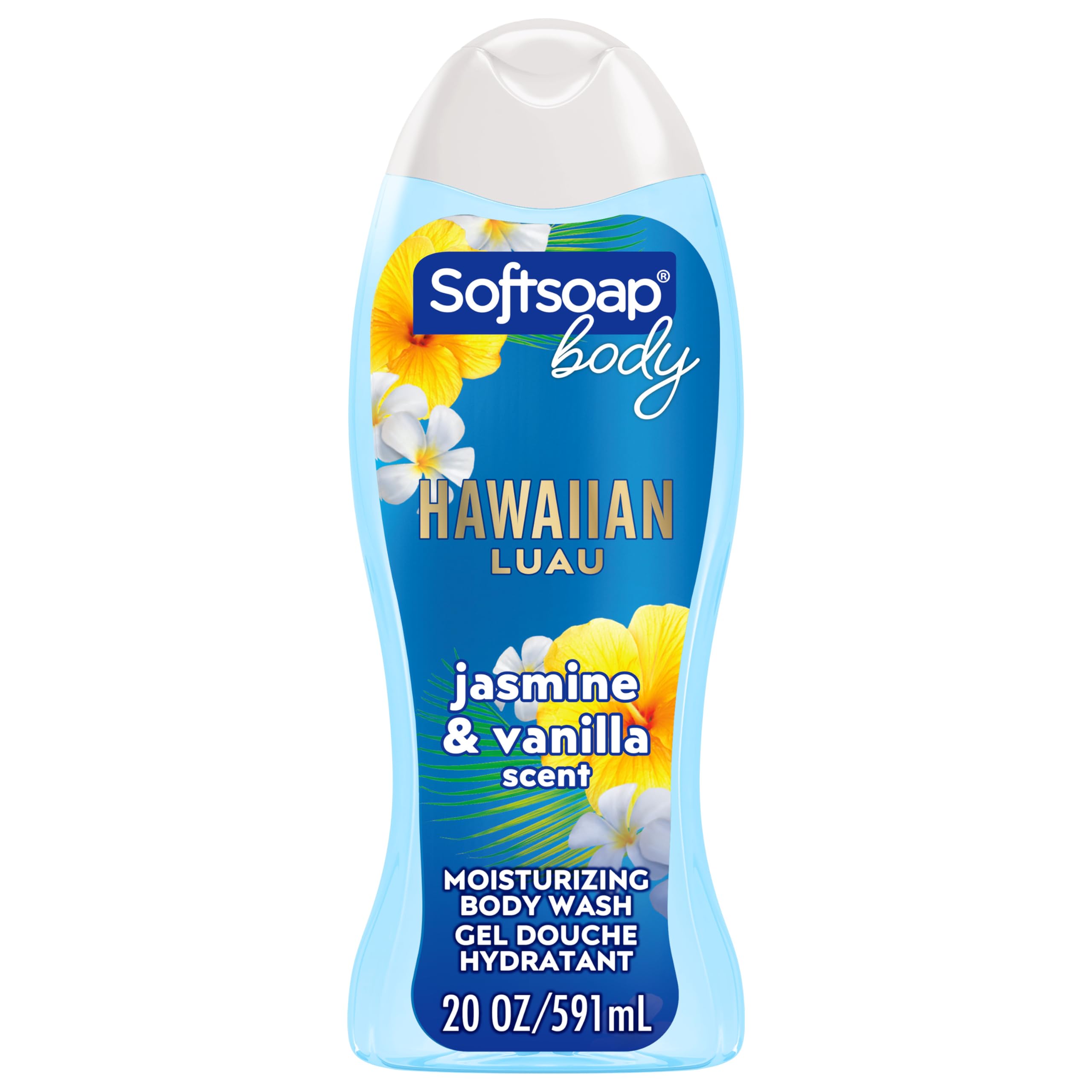 Softsoap Hawaiian Luau bottle front emphasizes tropical scent for daily showers