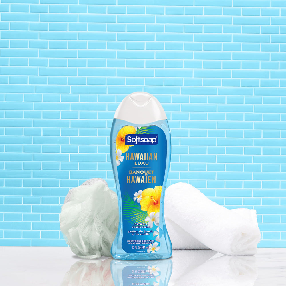 Softsoap Hawaiian Luau bottle label closeup highlights jasmine-vanilla notes