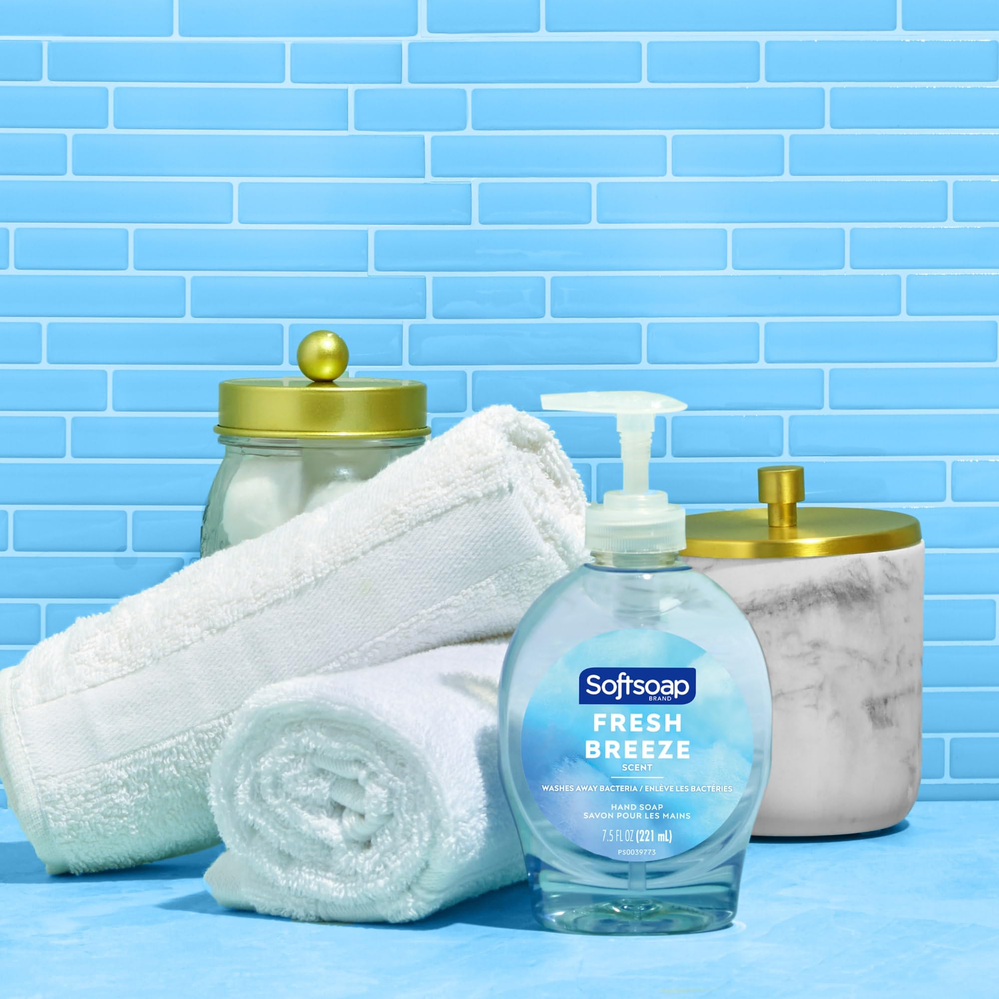 Compact Softsoap Fresh Breeze dispenser on bathroom vanity ready for quick lathers