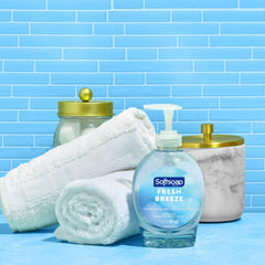 Compact Softsoap Fresh Breeze dispenser on bathroom vanity ready for quick lathers