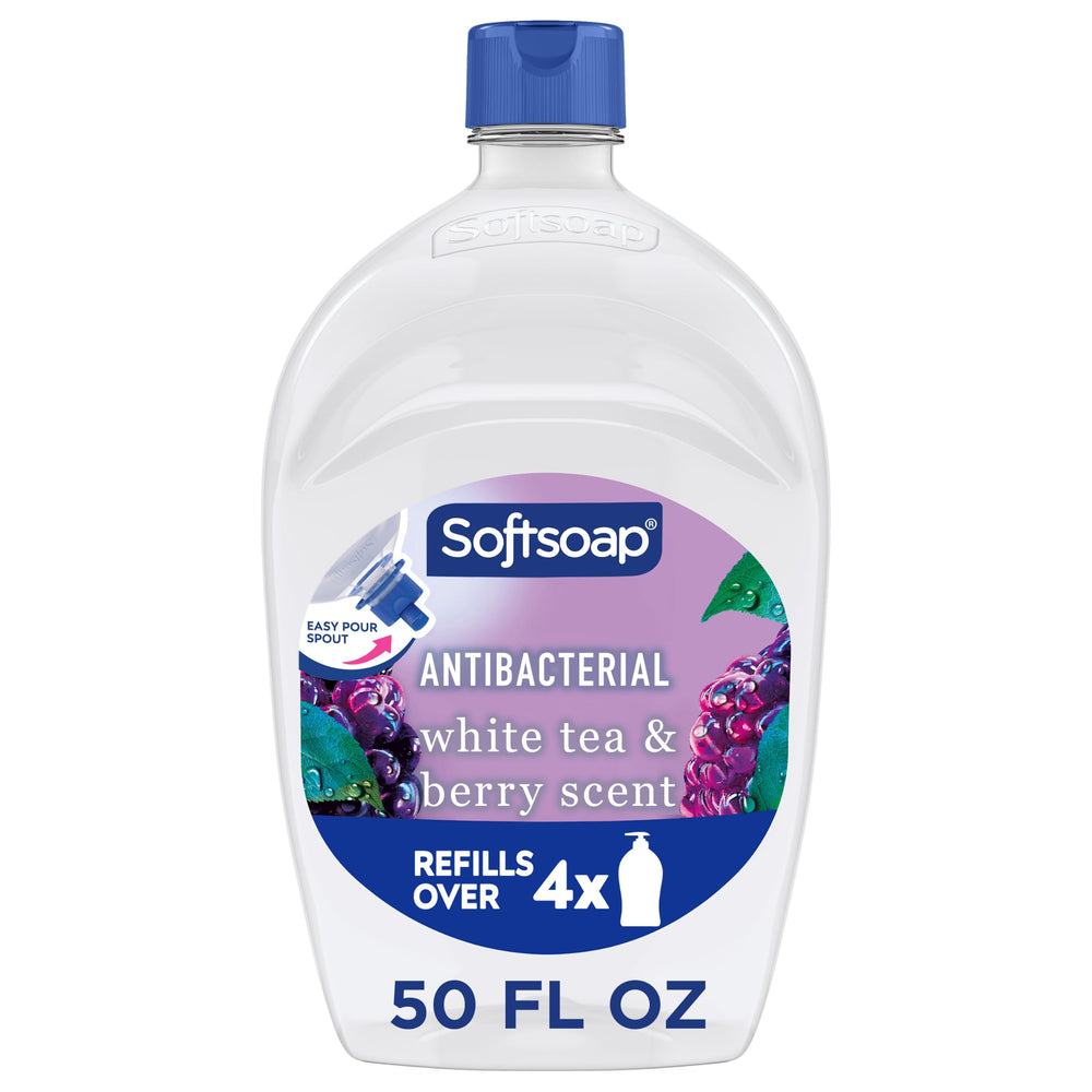 Softsoap front label showing White Tea & Berry scent and size benefit: clear refill branding