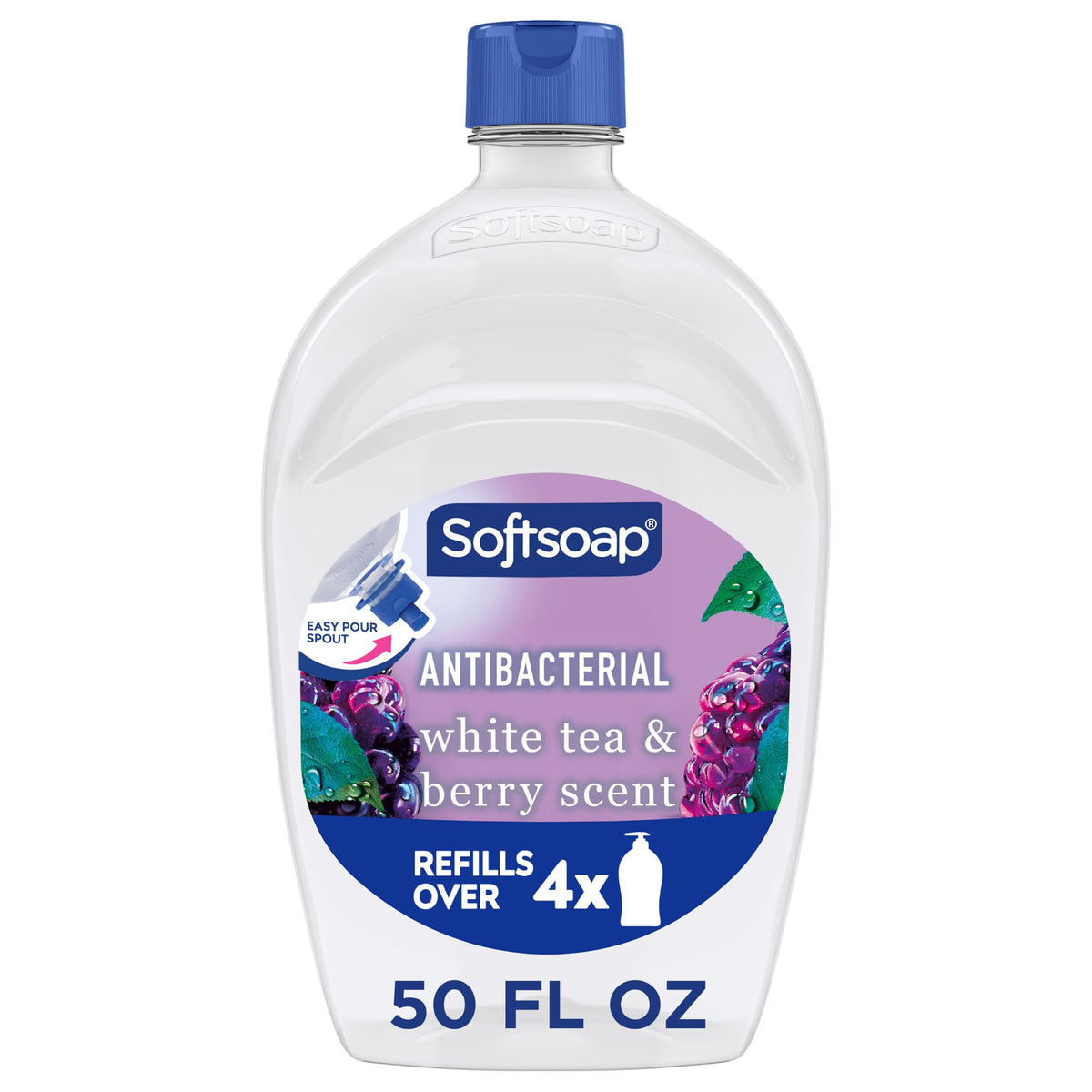 Softsoap front label showing White Tea & Berry scent and size benefit: clear refill branding