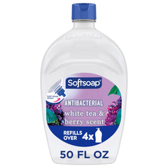 Softsoap front label showing White Tea & Berry scent and size benefit: clear refill branding