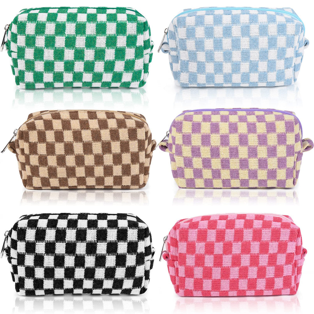 SOIDRAM 6-piece checkered makeup bag set in pink and black for organized travel.
