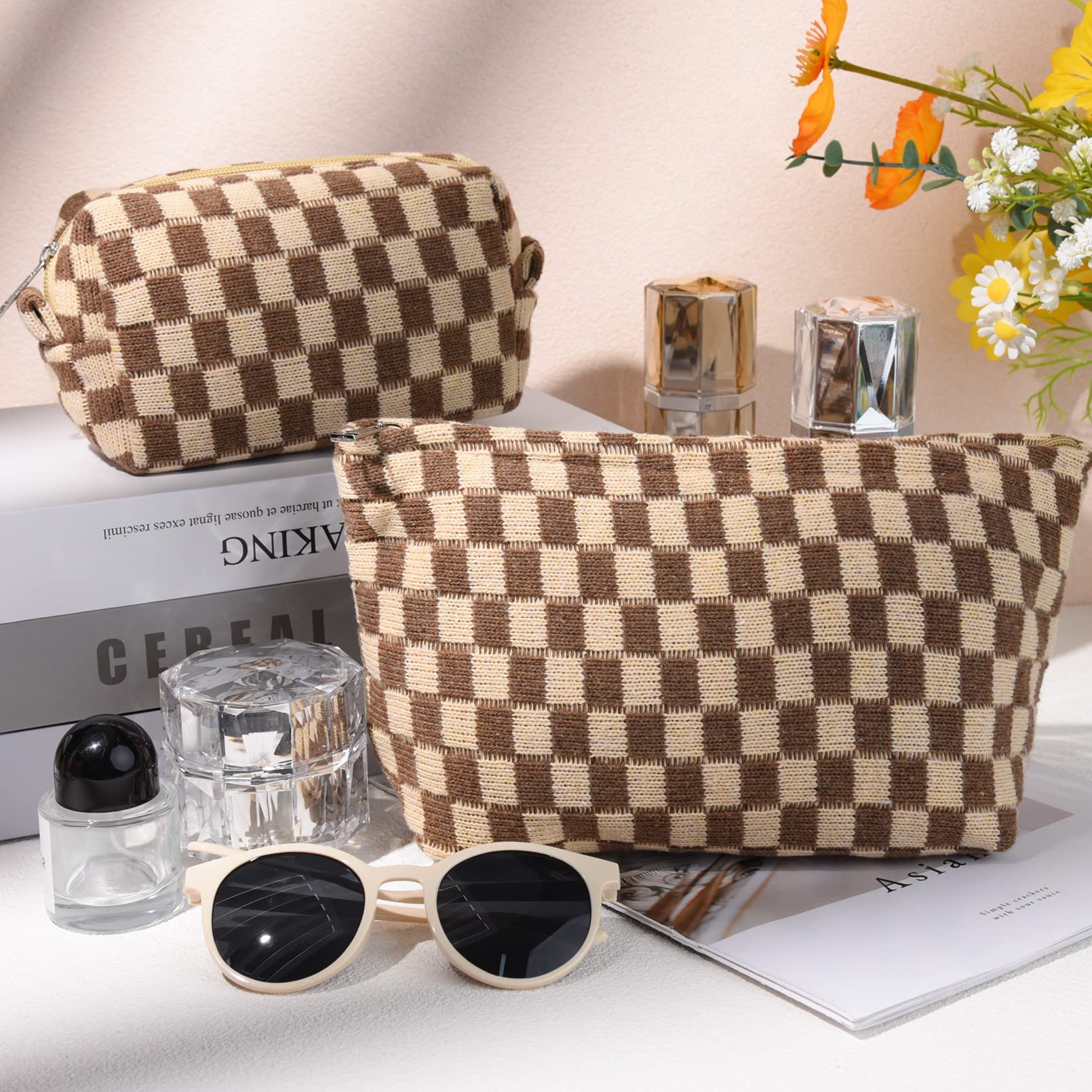 SOIDRAM checkered canvas makeup bag in brown tones for organized makeup storage.