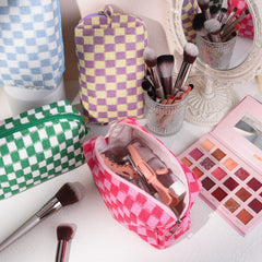 SOIDRAM checkered makeup bag set with brush storage for easy kit organization.