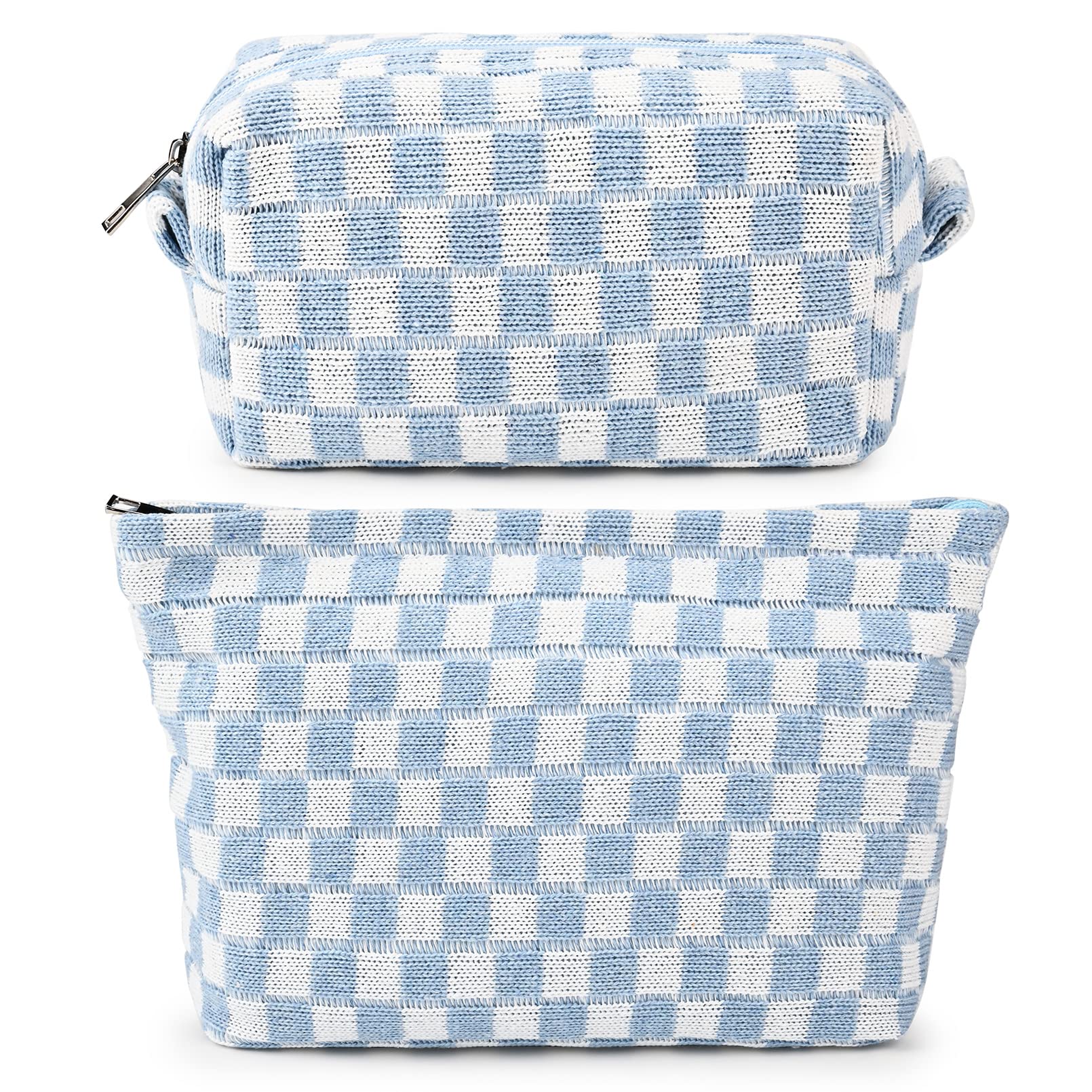 SOIDRAM makeup bag front view shows durable canvas and blue checkered pattern for travel organization.