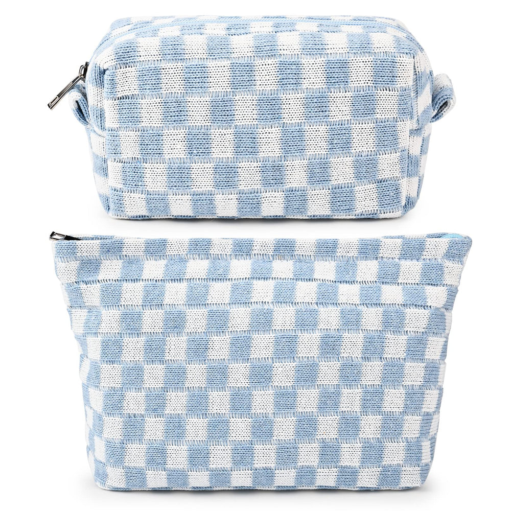 SOIDRAM makeup bag front view shows durable canvas and blue checkered pattern for travel organization.