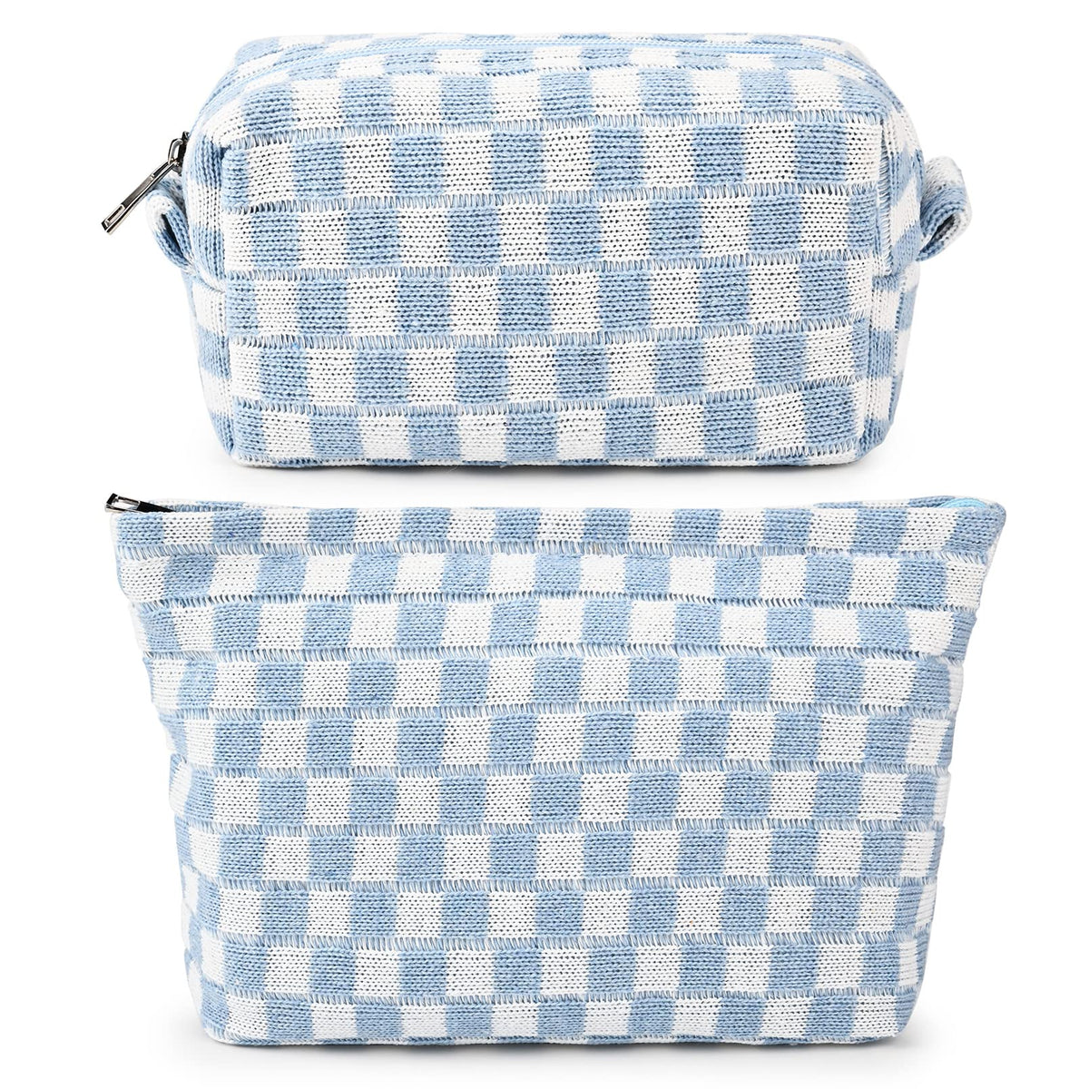 SOIDRAM makeup bag front view shows durable canvas and blue checkered pattern for travel organization.