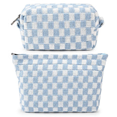 SOIDRAM makeup bag front view shows durable canvas and blue checkered pattern for travel organization.