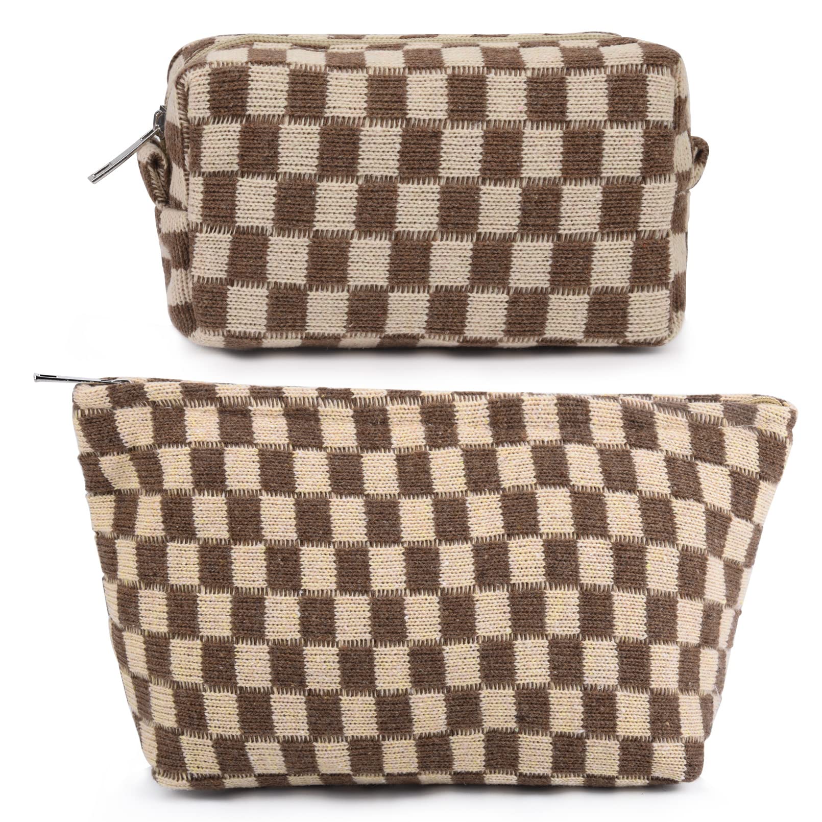 SOIDRAM two-piece makeup bag in brown checkered canvas with large capacity for on-the-go cosmetics.