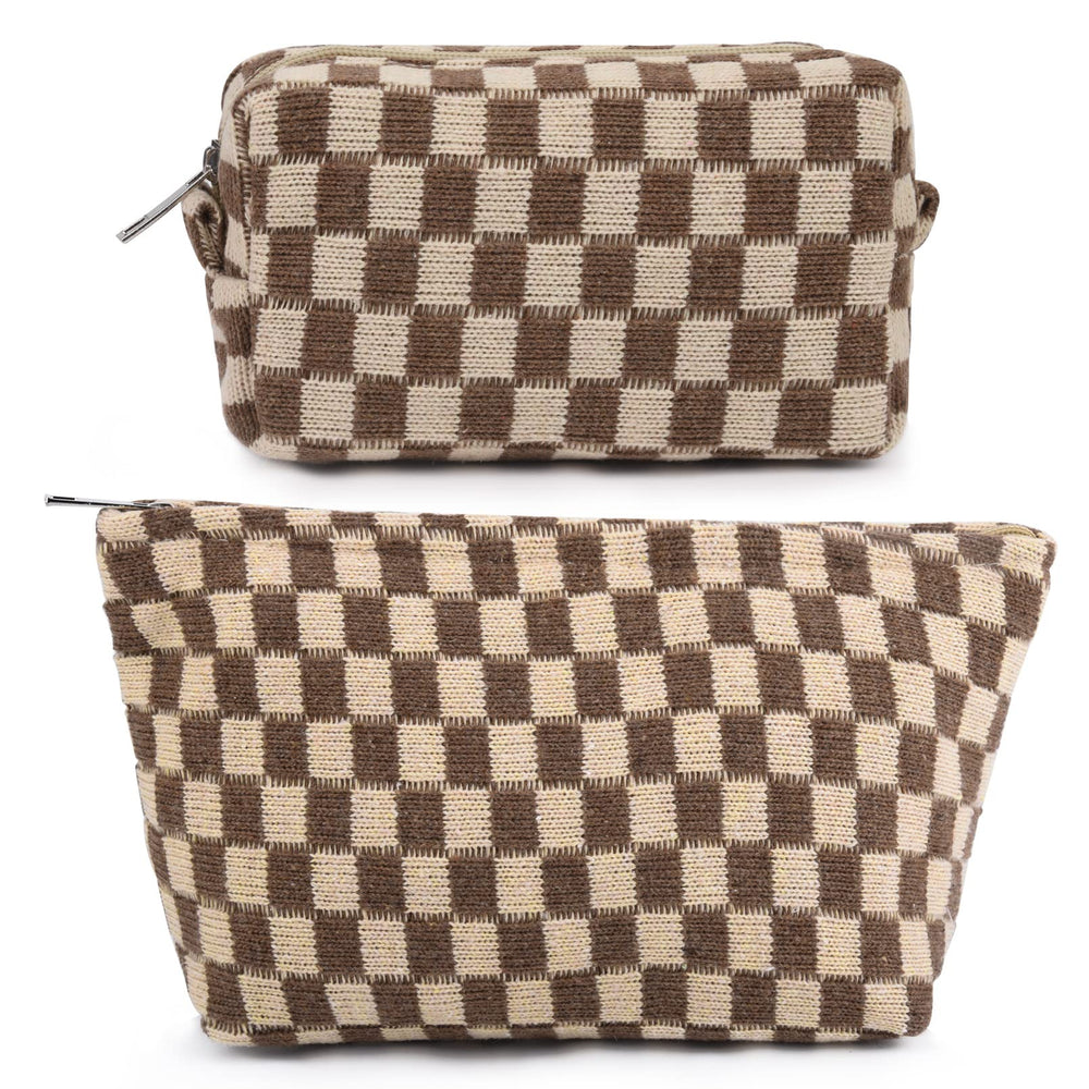 SOIDRAM two-piece makeup bag in brown checkered canvas with large capacity for on-the-go cosmetics.