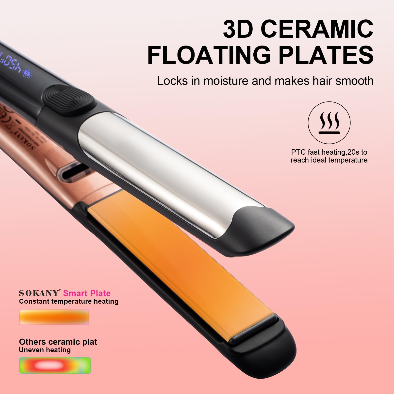 Sokany flat iron with ionic technology for frizz reduction and cuticle sealing.