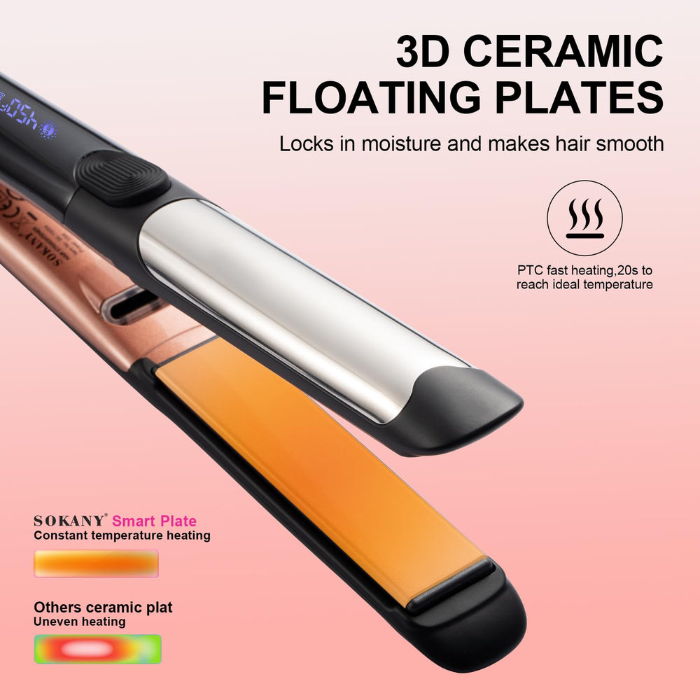 Sokany flat iron with ionic technology for frizz reduction and cuticle sealing.