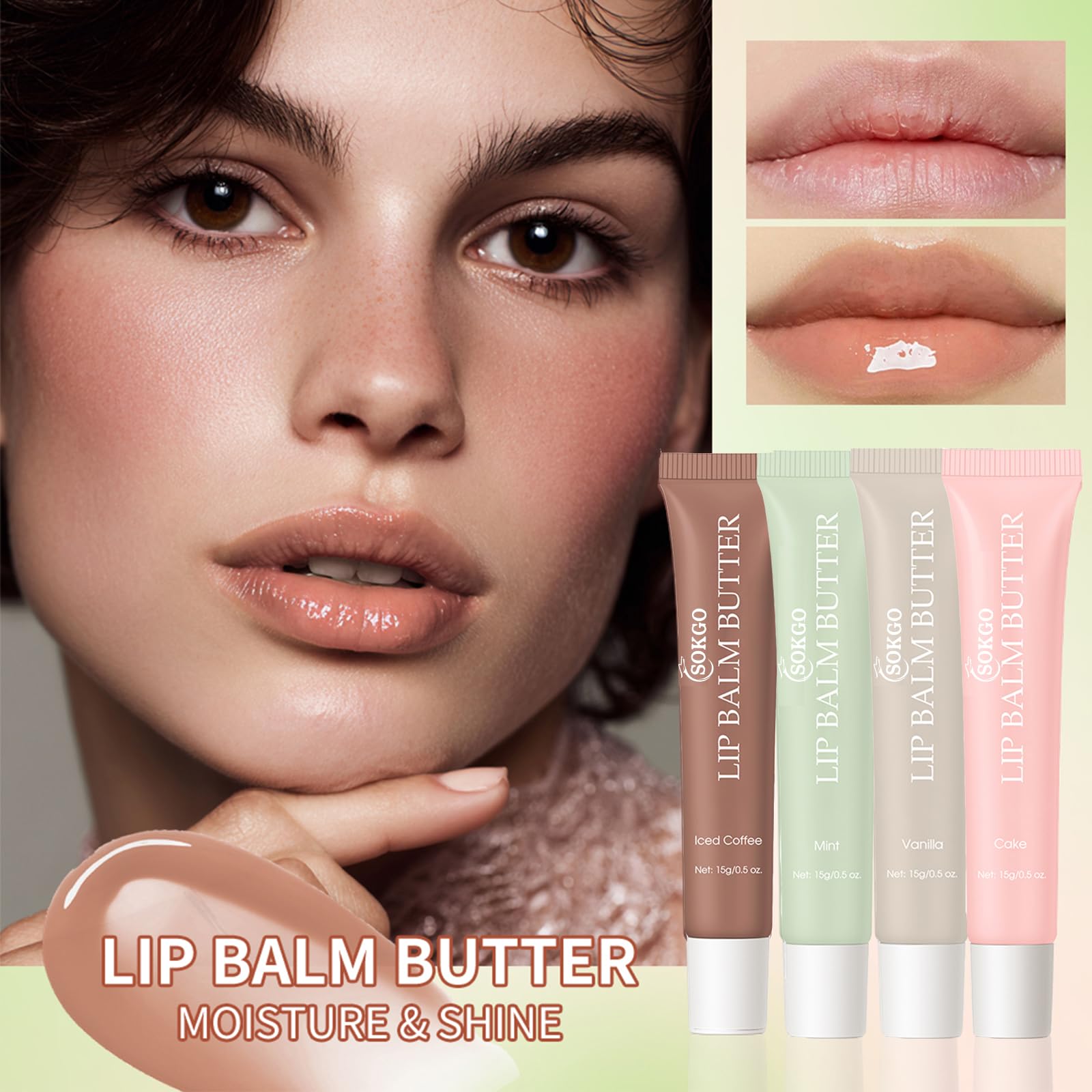 Sokgo Lip Glossy Butter Lip Balm closeup highlights smooth texture and nourishing oils